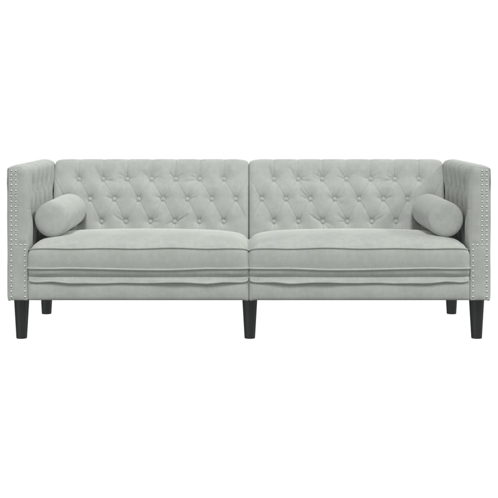 Trivietė chesterfield sofa su pagalvėlėmis, pilka, aksomas