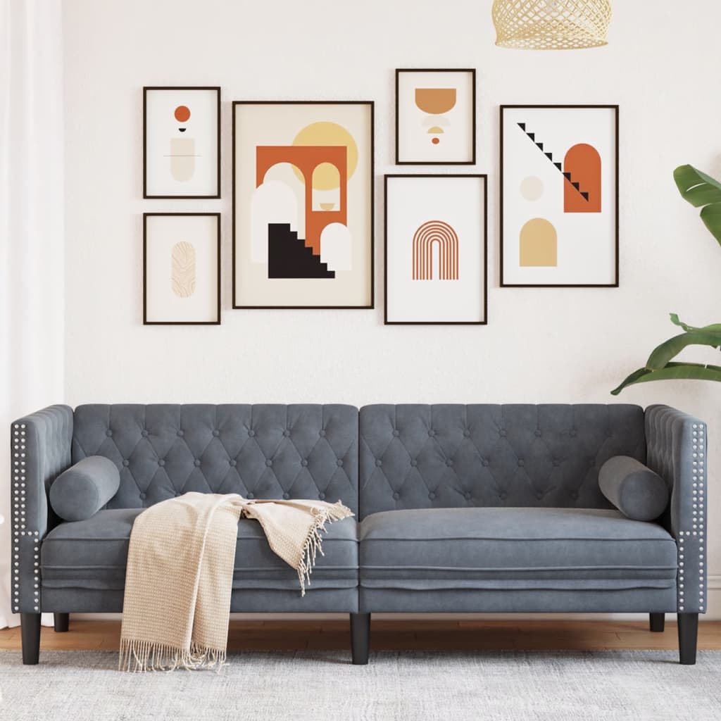 Trivietė chesterfield sofa su pagalvėlėmis, pilka, aksomas