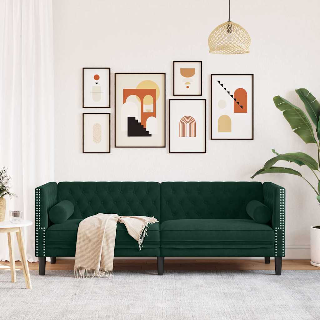 Trivietė chesterfield sofa su pagalvėlėmis, žalia, aksomas