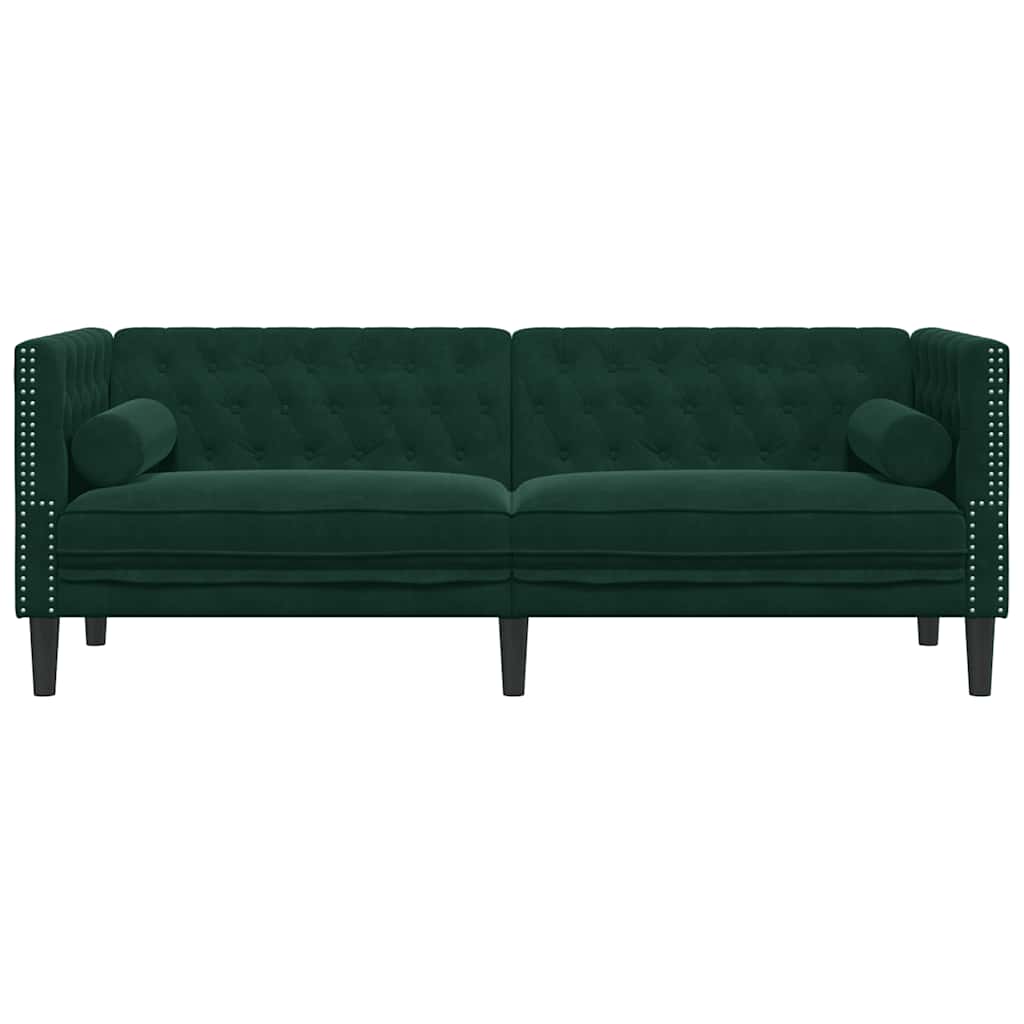 Trivietė chesterfield sofa su pagalvėlėmis, žalia, aksomas