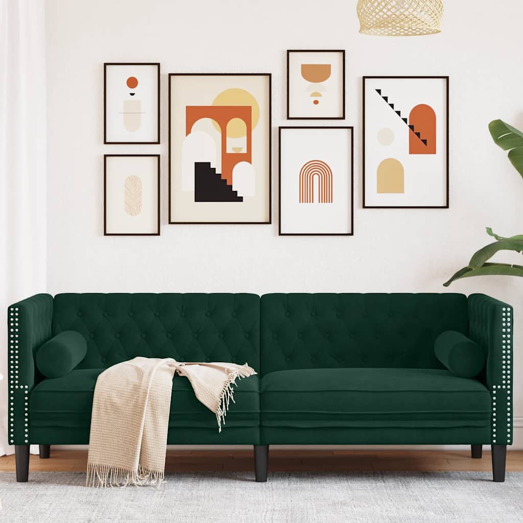 Trivietė chesterfield sofa su pagalvėlėmis, žalia, aksomas