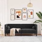 Trivietė chesterfield sofa su pagalvėlėmis, juoda, aksomas