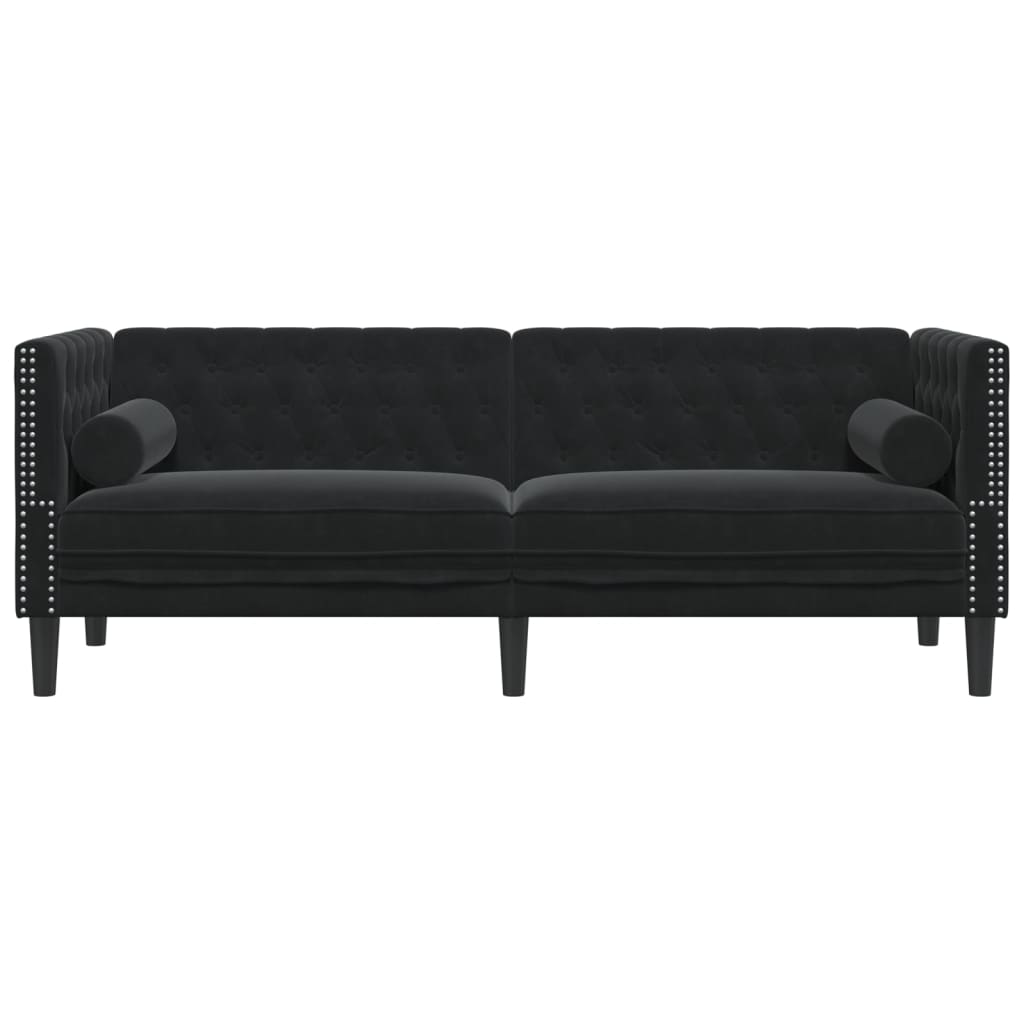 Trivietė chesterfield sofa su pagalvėlėmis, juoda, aksomas