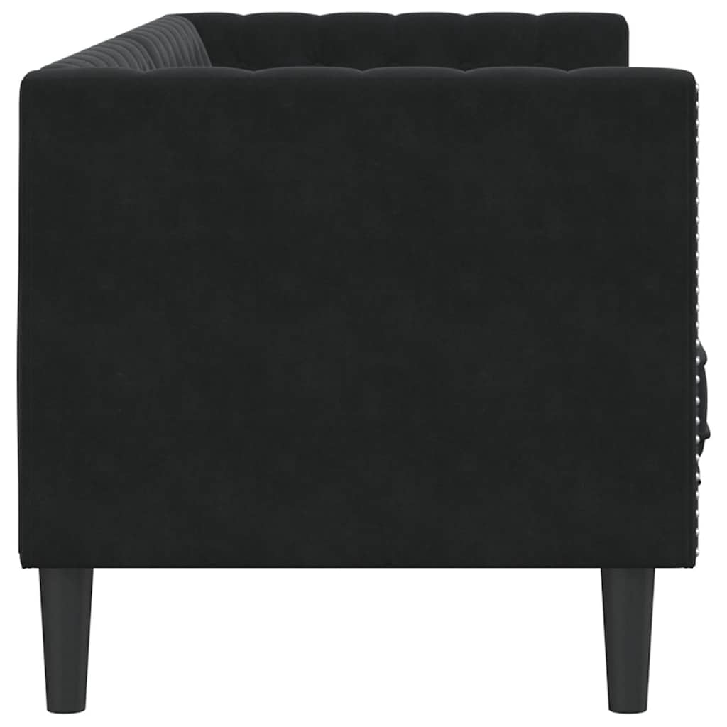 Trivietė chesterfield sofa su pagalvėlėmis, juoda, aksomas