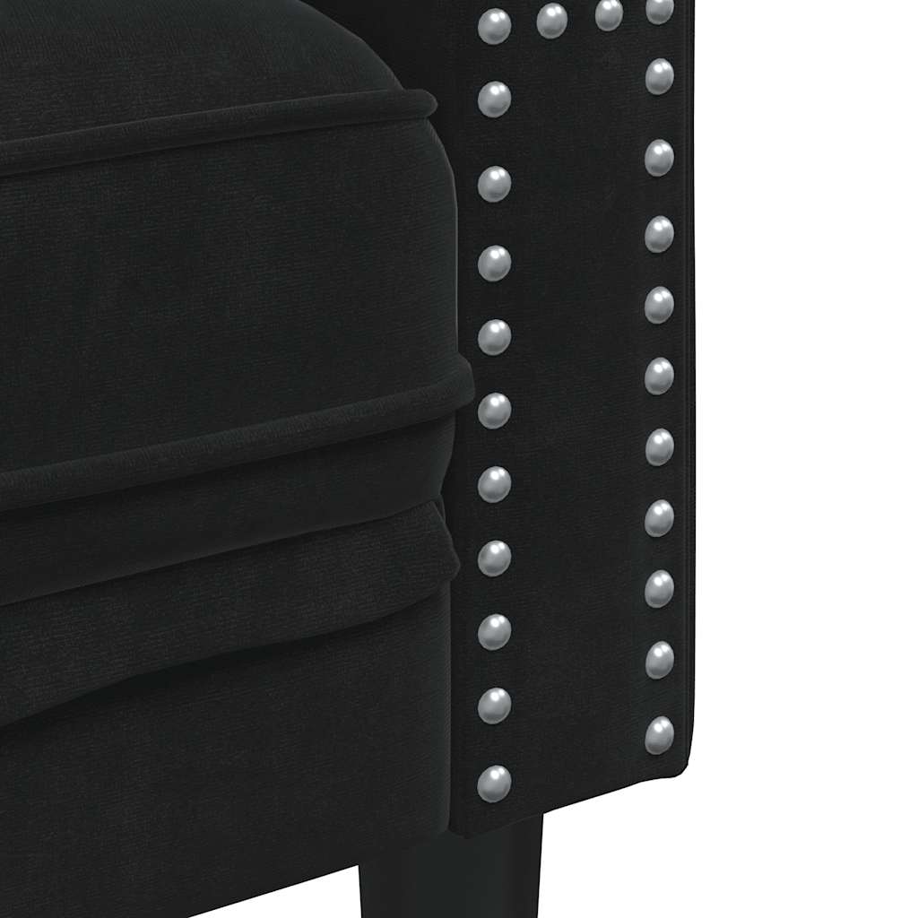 Trivietė chesterfield sofa su pagalvėlėmis, juoda, aksomas