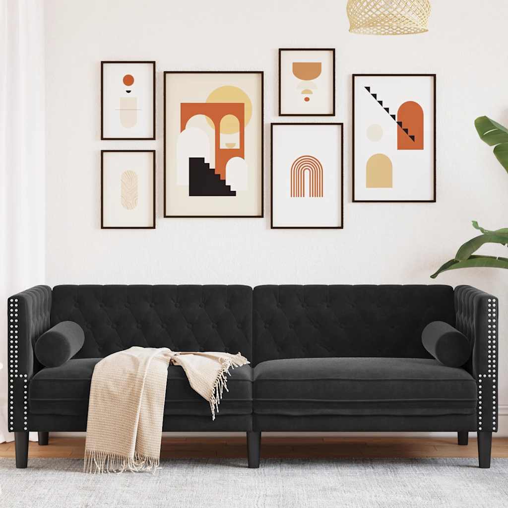 Trivietė chesterfield sofa su pagalvėlėmis, juoda, aksomas