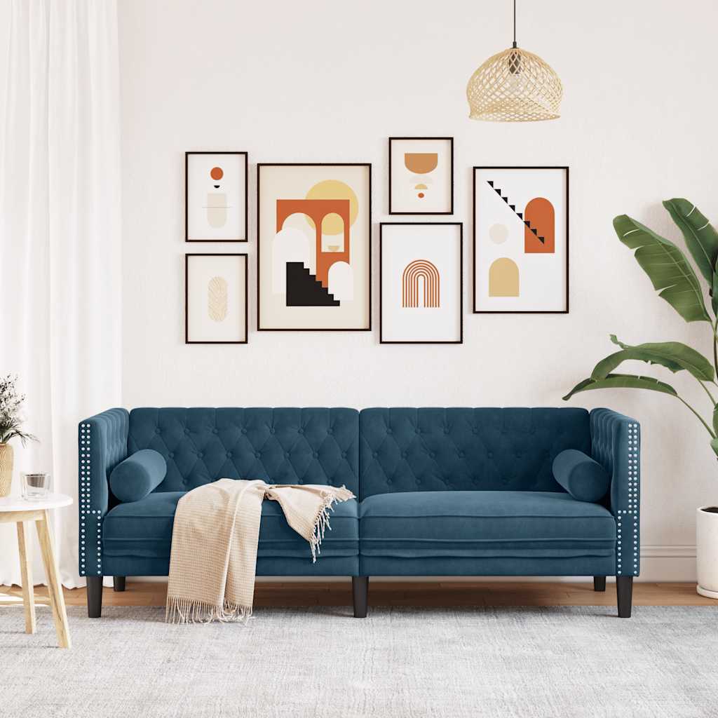 Dvivietė chesterfield sofa su pagalvėlėmis, mėlyna, aksomas