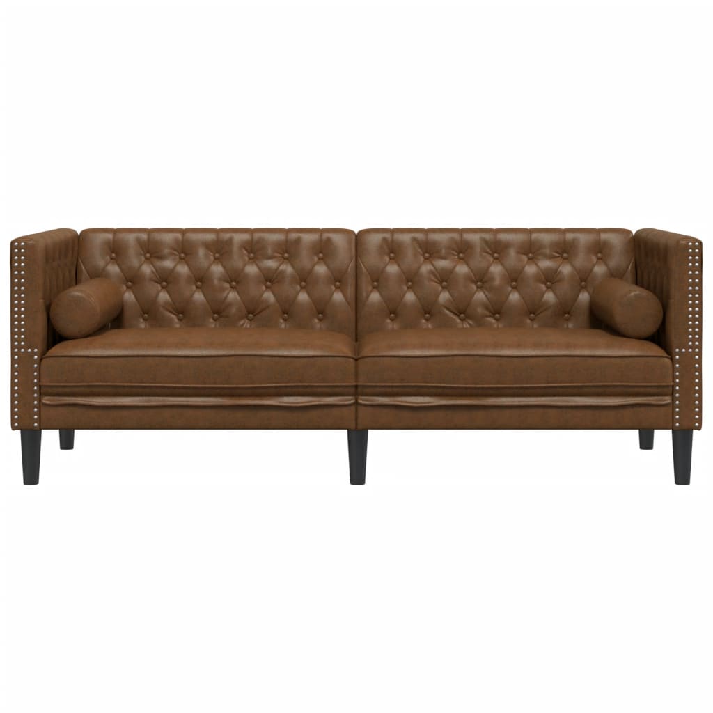 Trivietė chesterfield sofa su pagalvėlėmis, ruda, dirbtinė oda