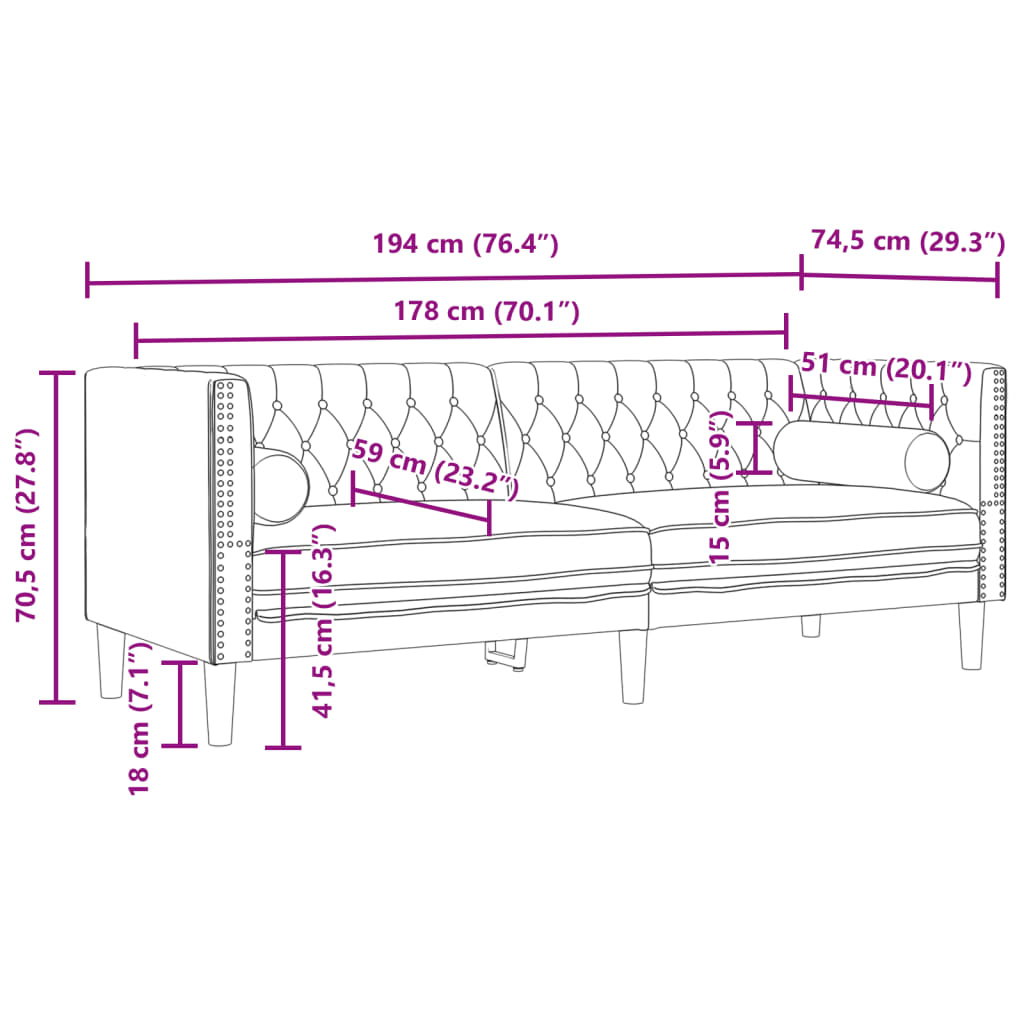 Trivietė chesterfield sofa su pagalvėlėmis, ruda, dirbtinė oda