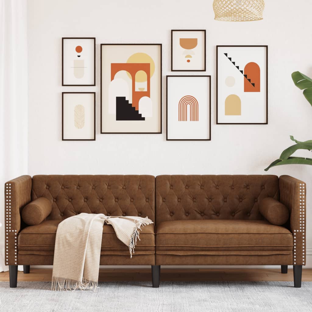 Trivietė chesterfield sofa su pagalvėlėmis, ruda, dirbtinė oda
