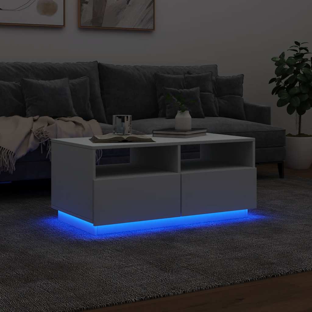 Kavos staliukas su LED lemputėmis, baltos spalvos, 90x49x40cm