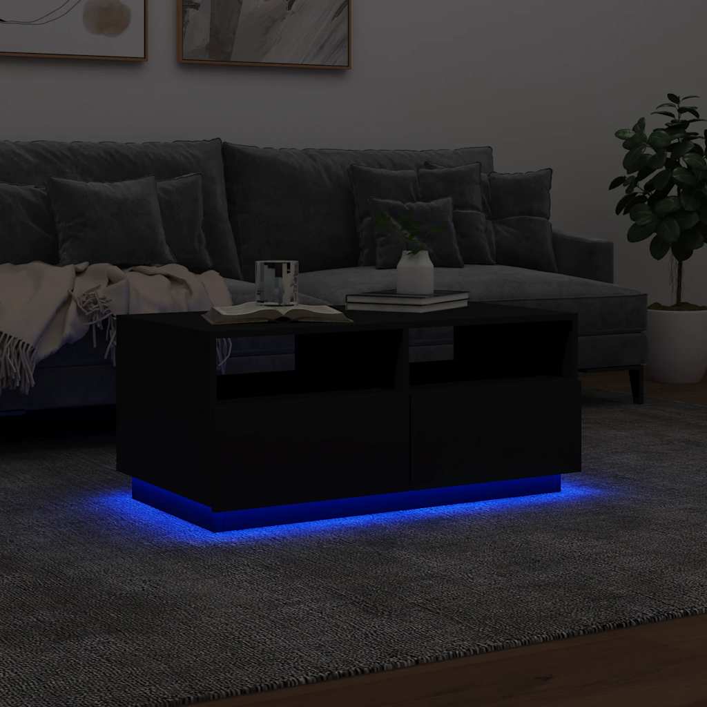 Kavos staliukas su LED lemputėmis, juodos spalvos, 90x49x40cm