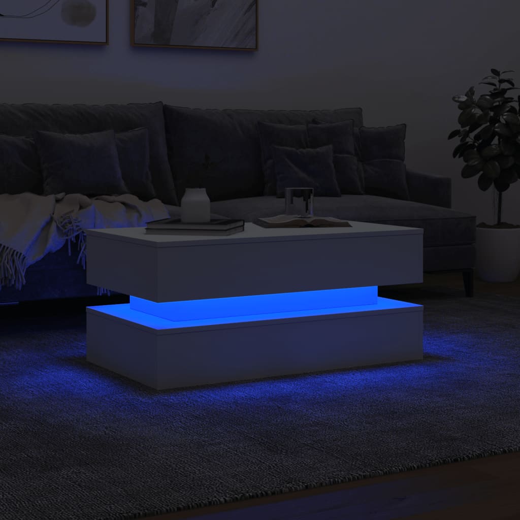 Kavos staliukas su LED lemputėmis, baltos spalvos, 90x50x40cm