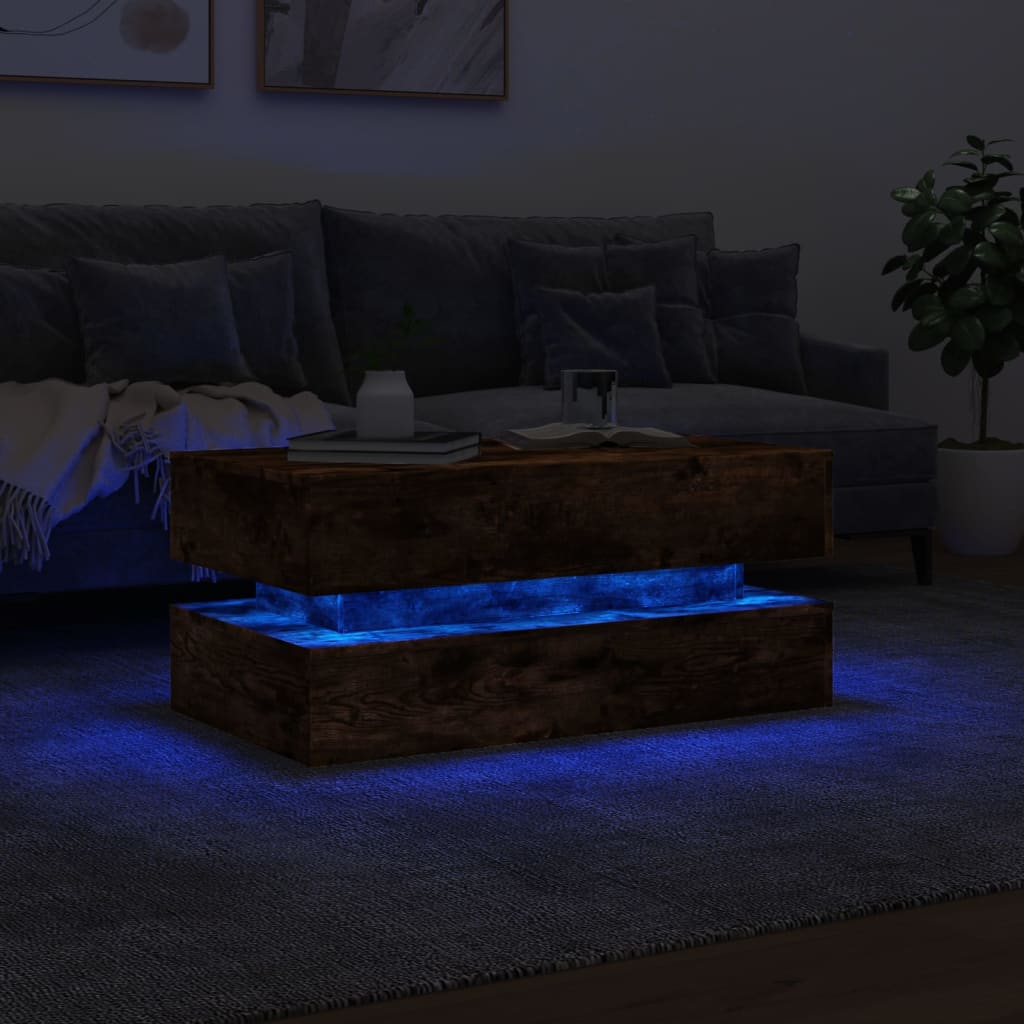 Kavos staliukas su LED lemputėmis, dūminis ąžuolo, 90x50x40cm