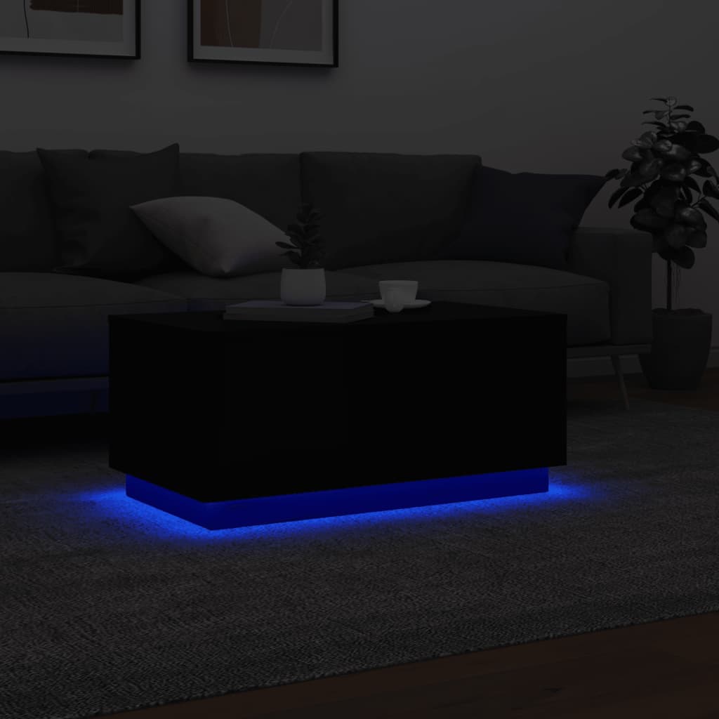 Kavos staliukas su LED lemputėmis, juodos spalvos, 90x50x40cm