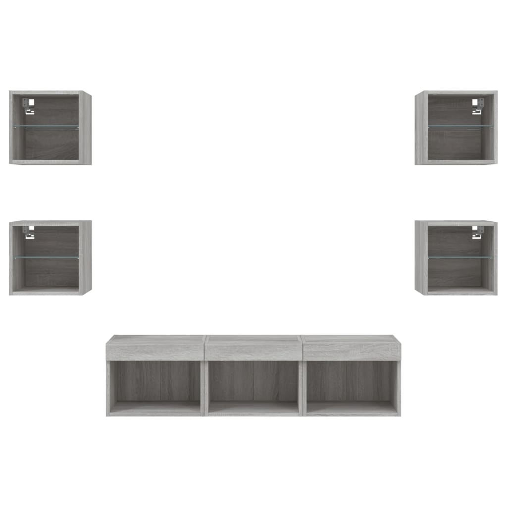 Sieninė TV sekcija su LED, 7 dalių, pilka ąžuolo, mediena