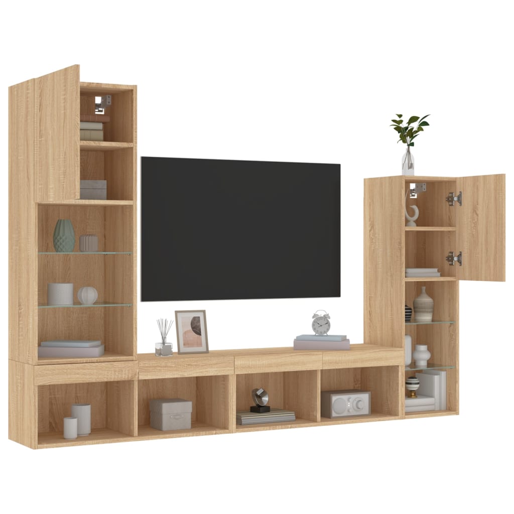 Sieninė TV sekcija su LED, 4 dalių, ąžuolo, apdirbta mediena