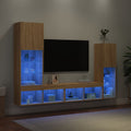 Sieninė TV sekcija su LED, 4 dalių, ąžuolo, apdirbta mediena