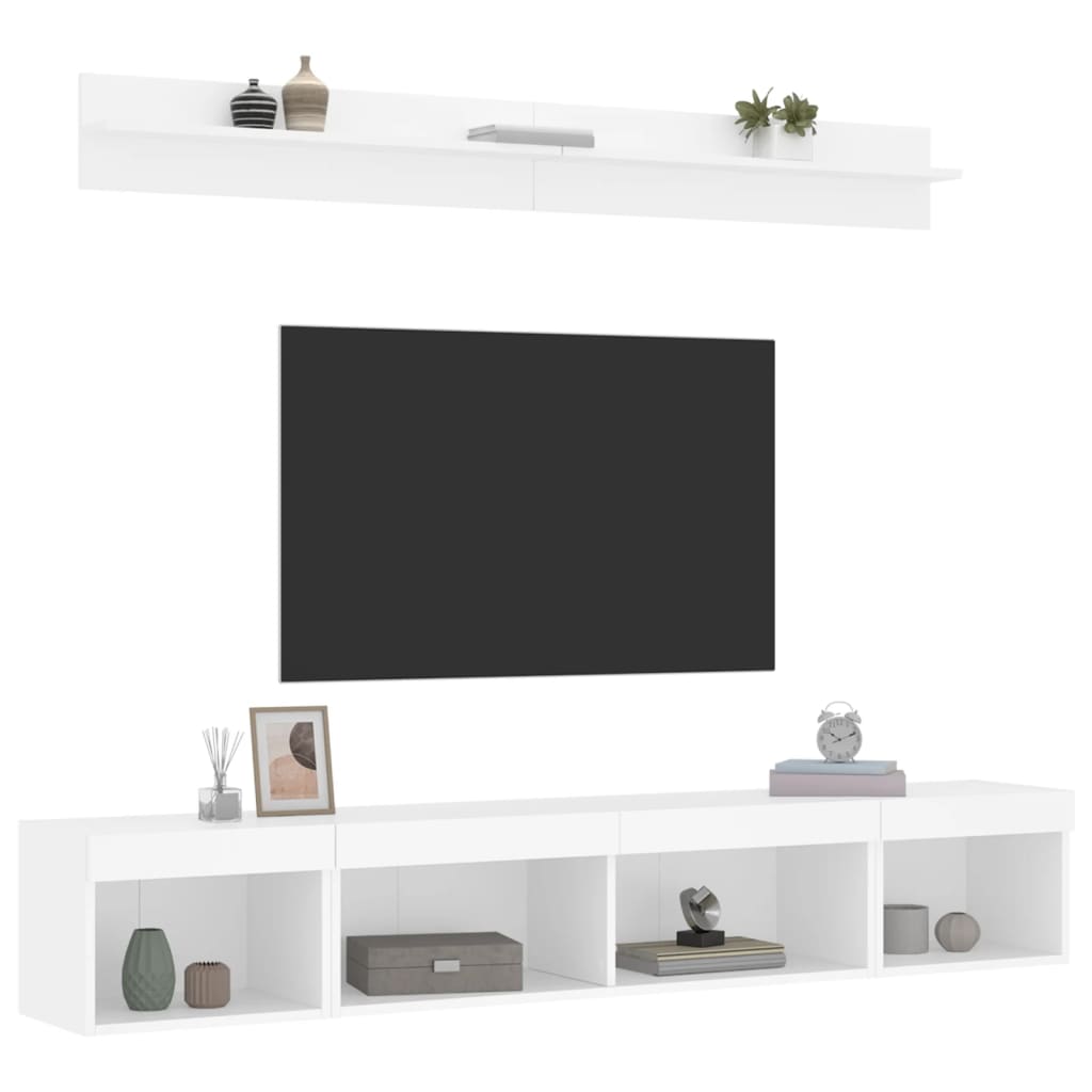 Sieninė TV sekcija su LED, 5 dalių, balta, apdirbta mediena