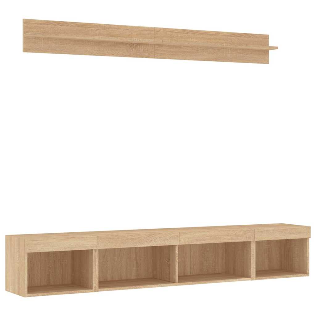 Sieninė TV sekcija su LED, 5 dalių, ąžuolo, apdirbta mediena