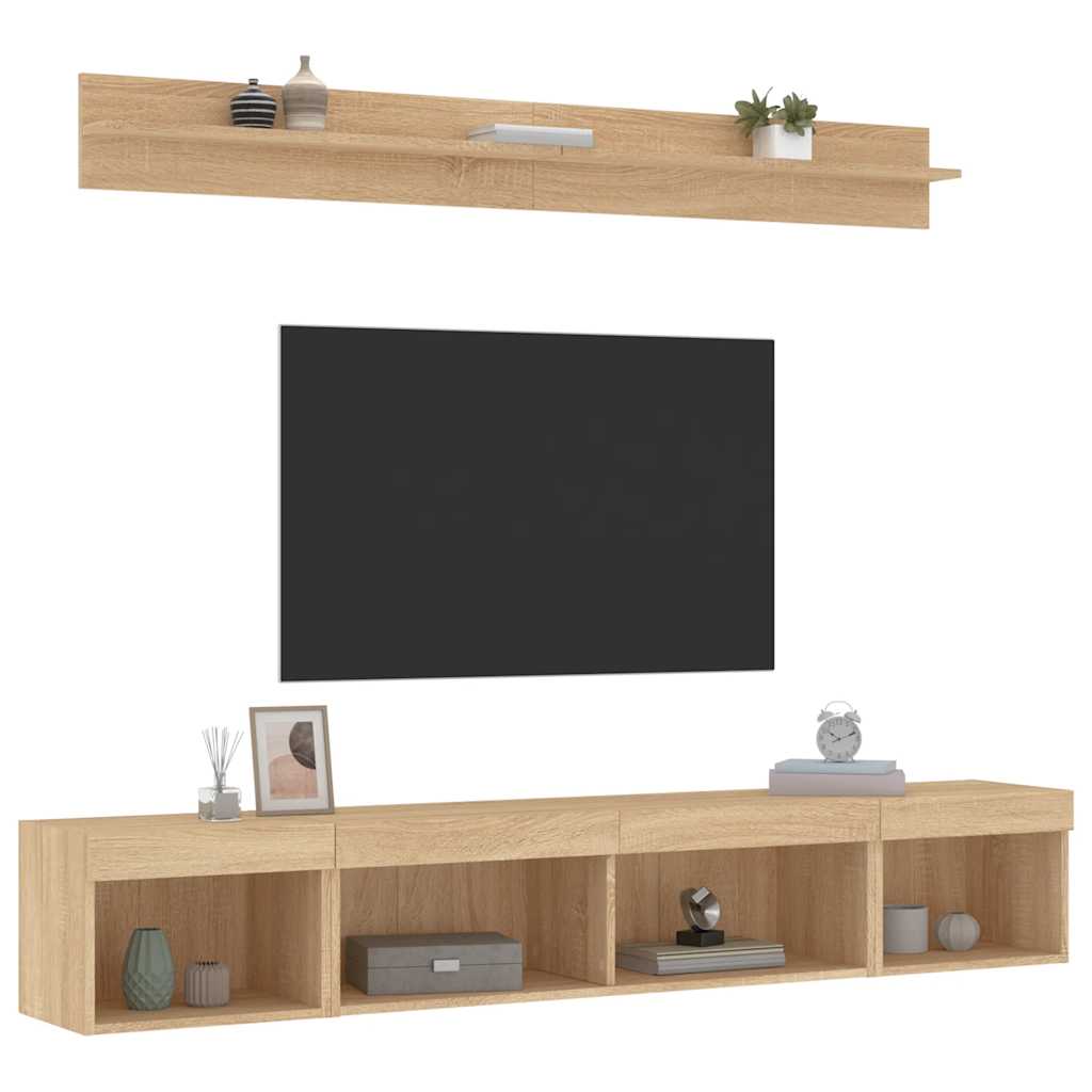 Sieninė TV sekcija su LED, 5 dalių, ąžuolo, apdirbta mediena