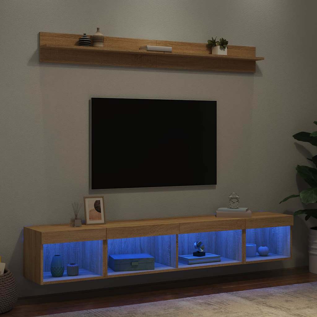 Sieninė TV sekcija su LED, 5 dalių, ąžuolo, apdirbta mediena