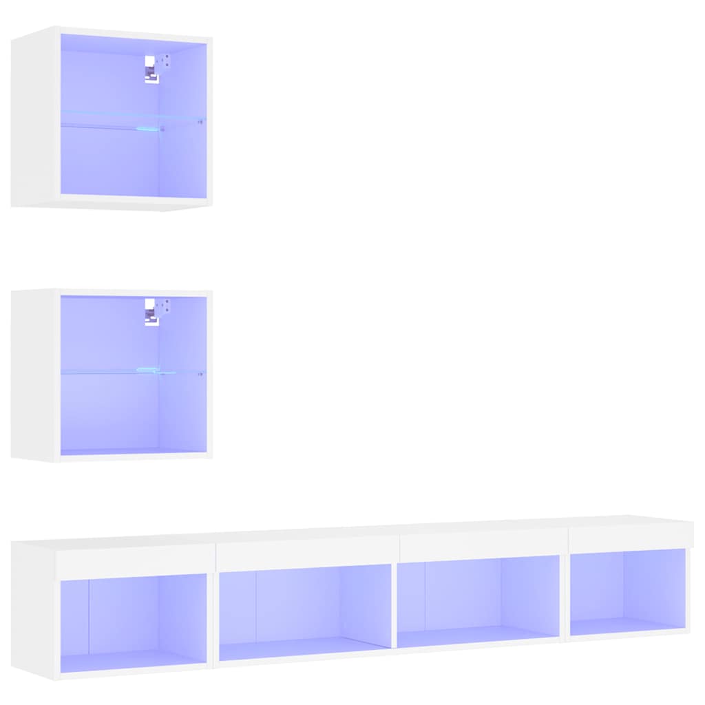 Sieninė TV sekcija su LED, 5 dalių, balta, apdirbta mediena