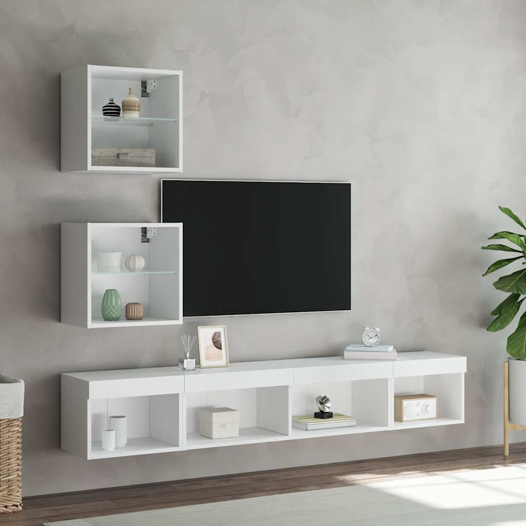 Sieninė TV sekcija su LED, 5 dalių, balta, apdirbta mediena