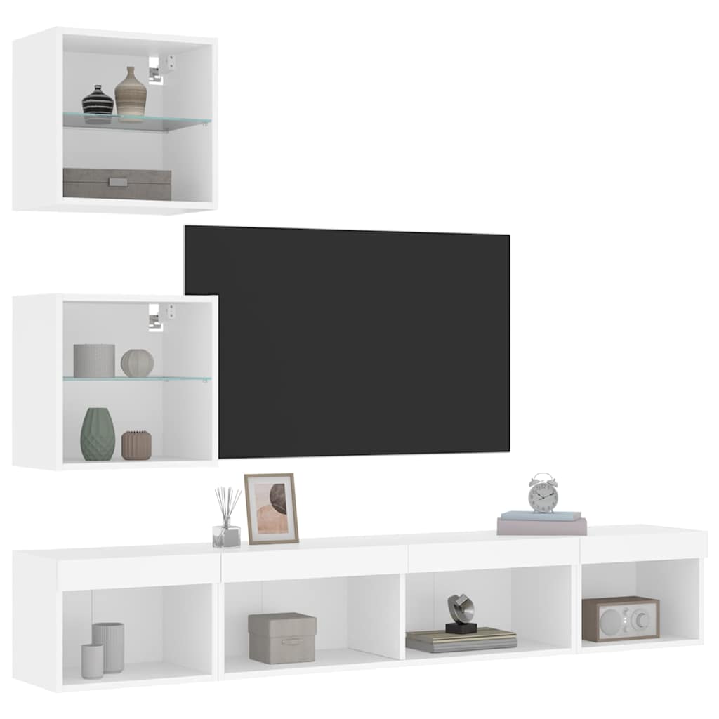 Sieninė TV sekcija su LED, 5 dalių, balta, apdirbta mediena