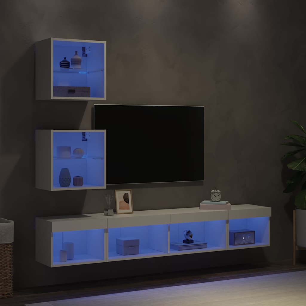 Sieninė TV sekcija su LED, 5 dalių, balta, apdirbta mediena