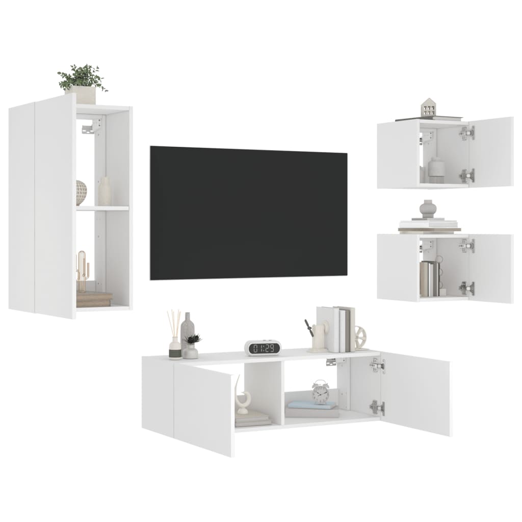 Sieninės TV spintelės su LED lemputėmis, 4 dalių, baltos