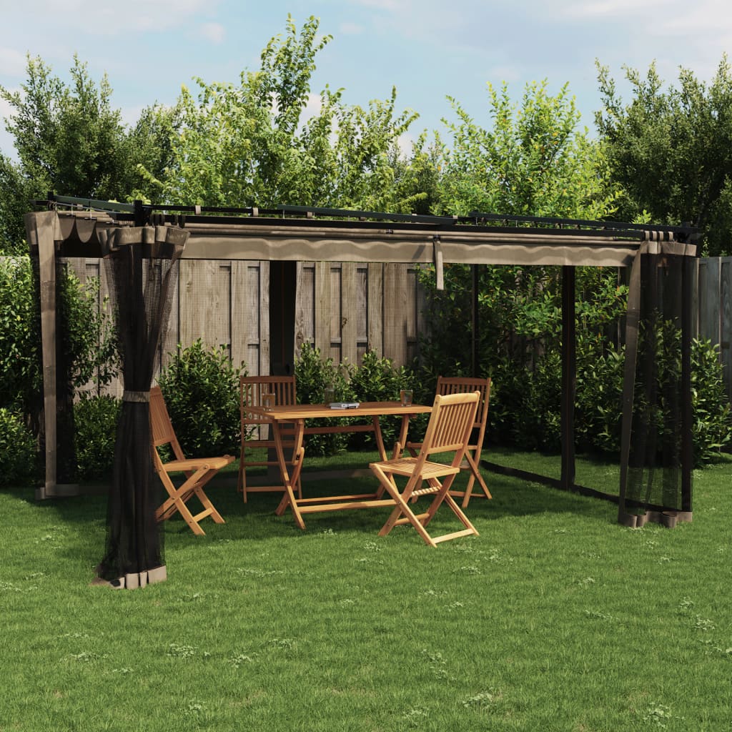 Pavėsinė su tinklinėmis sienelėmis, taupe, 4x3m, plienas