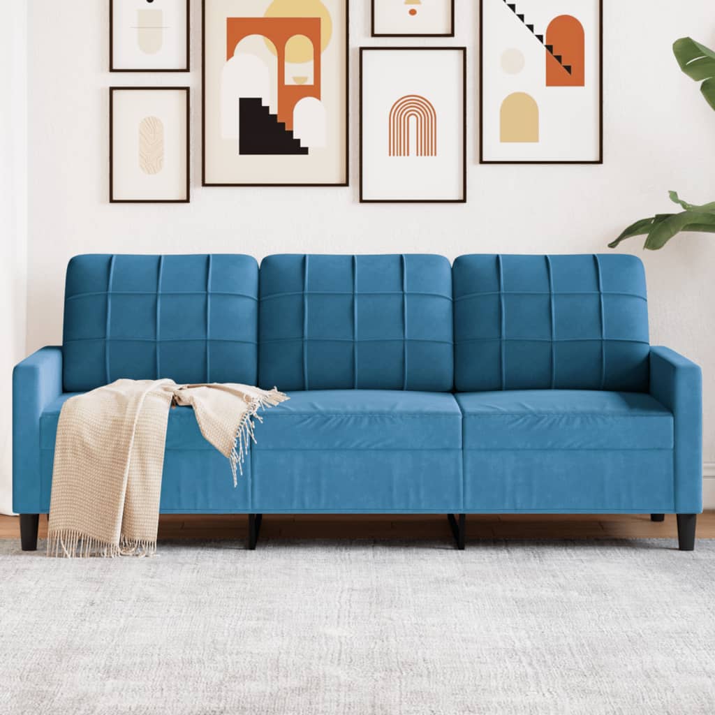 Trivietė sofa, mėlynos spalvos, 180cm, aksomas