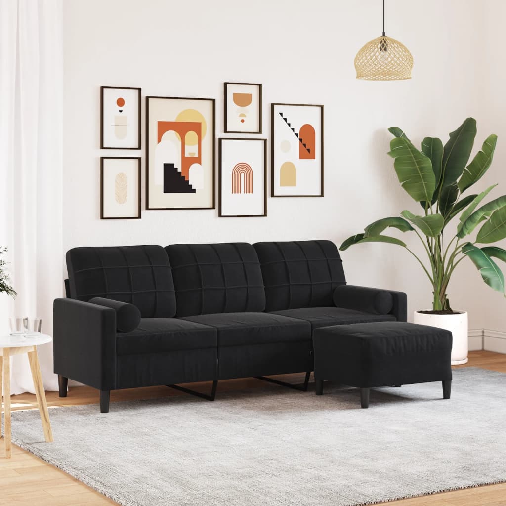 Trivietė sofa su pakoja, juodos spalvos, 180cm, aksomas