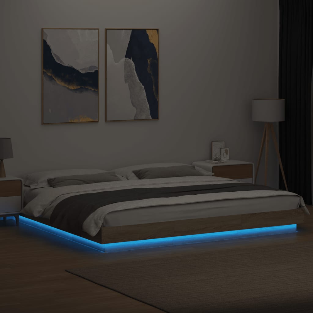 Lovos rėmas su LED, ąžuolo, 180x200cm, apdirbta mediena
