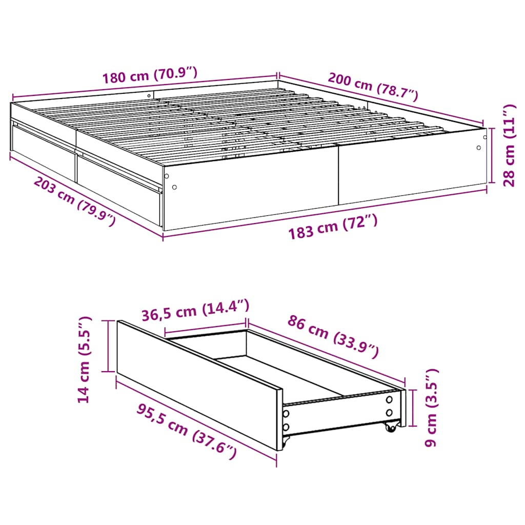 Lovos rėmas su stalčiais, juodas, 180x200cm, apdirbta mediena