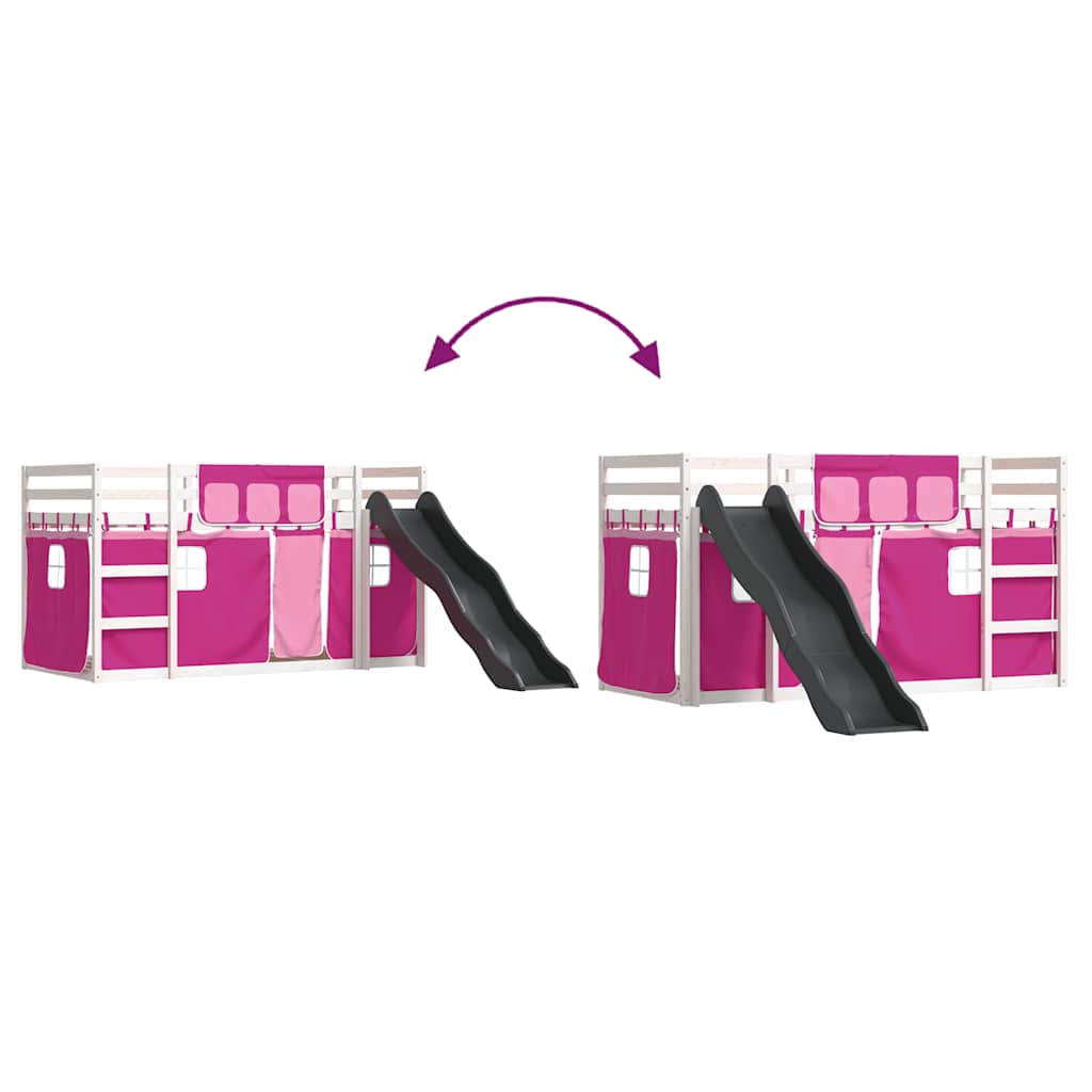 Dviaukštė lova su užuolaidomis ir čiuožykla, rožinė, 90x200cm