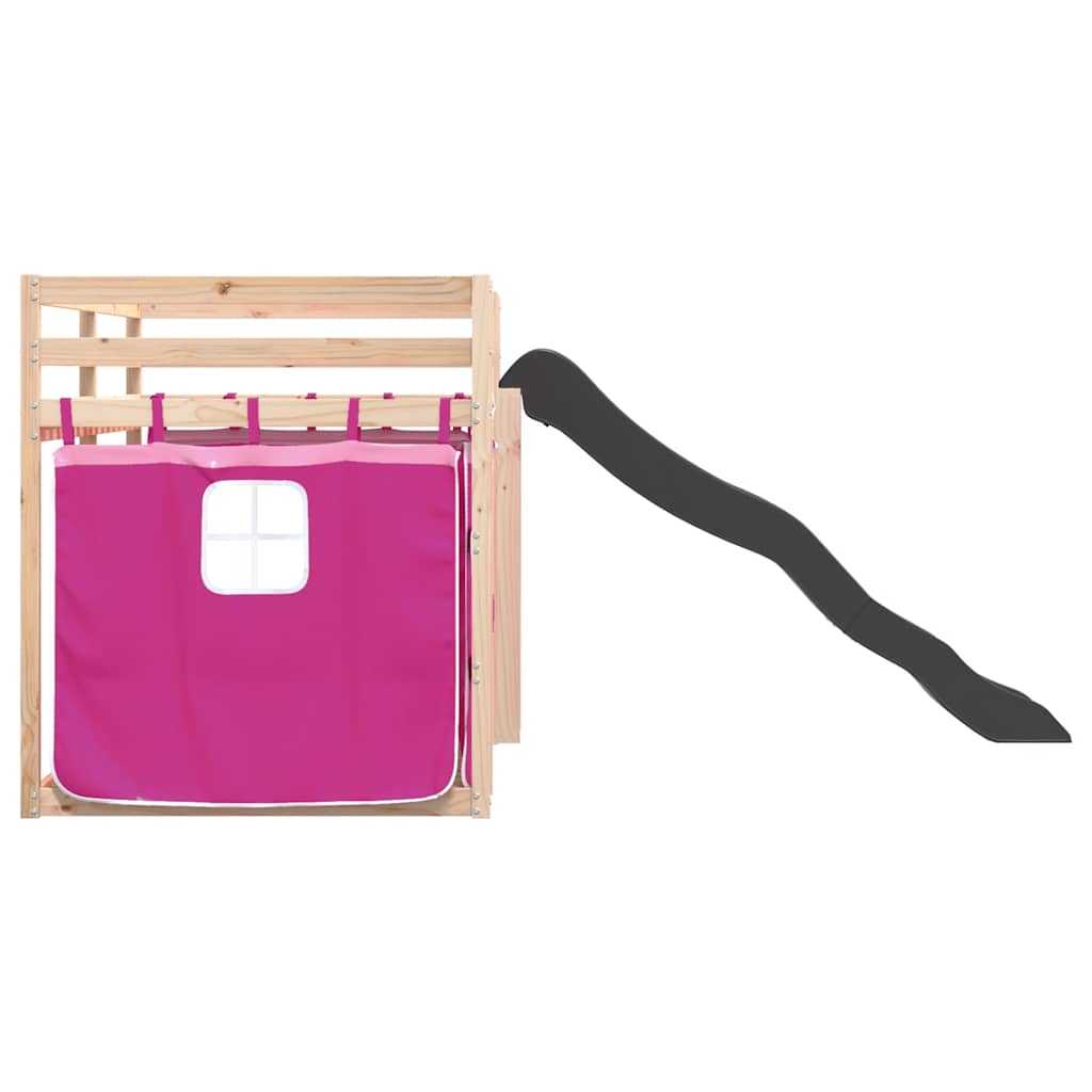 Dviaukštė lova su užuolaidomis ir čiuožykla, rožinė, 90x190cm