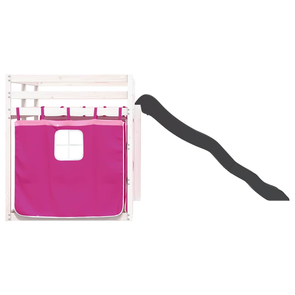 Dviaukštė lova su užuolaidomis ir čiuožykla, rožinė, 90x190cm