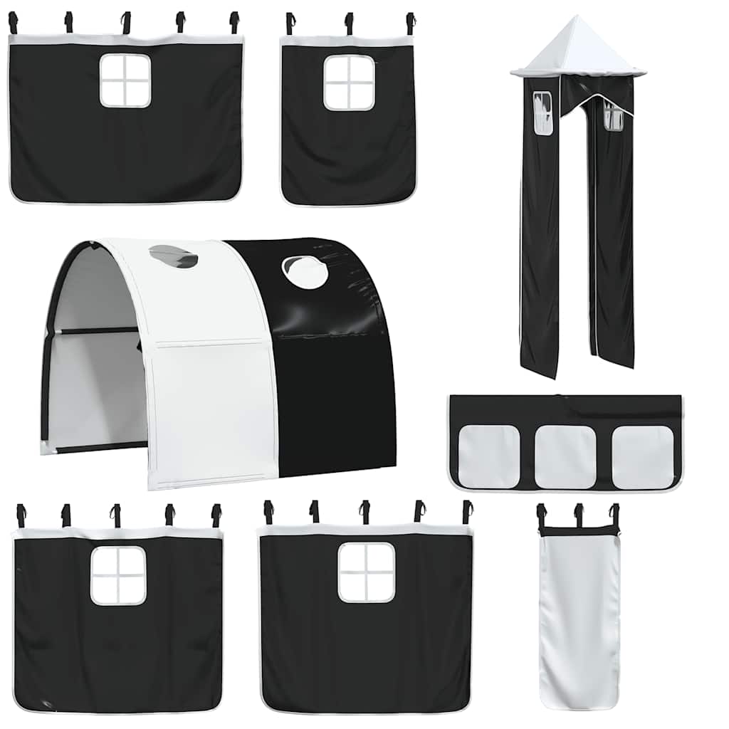 Dviaukštė lova su užuolaidomis, balta/juoda, 90x200cm, pušis