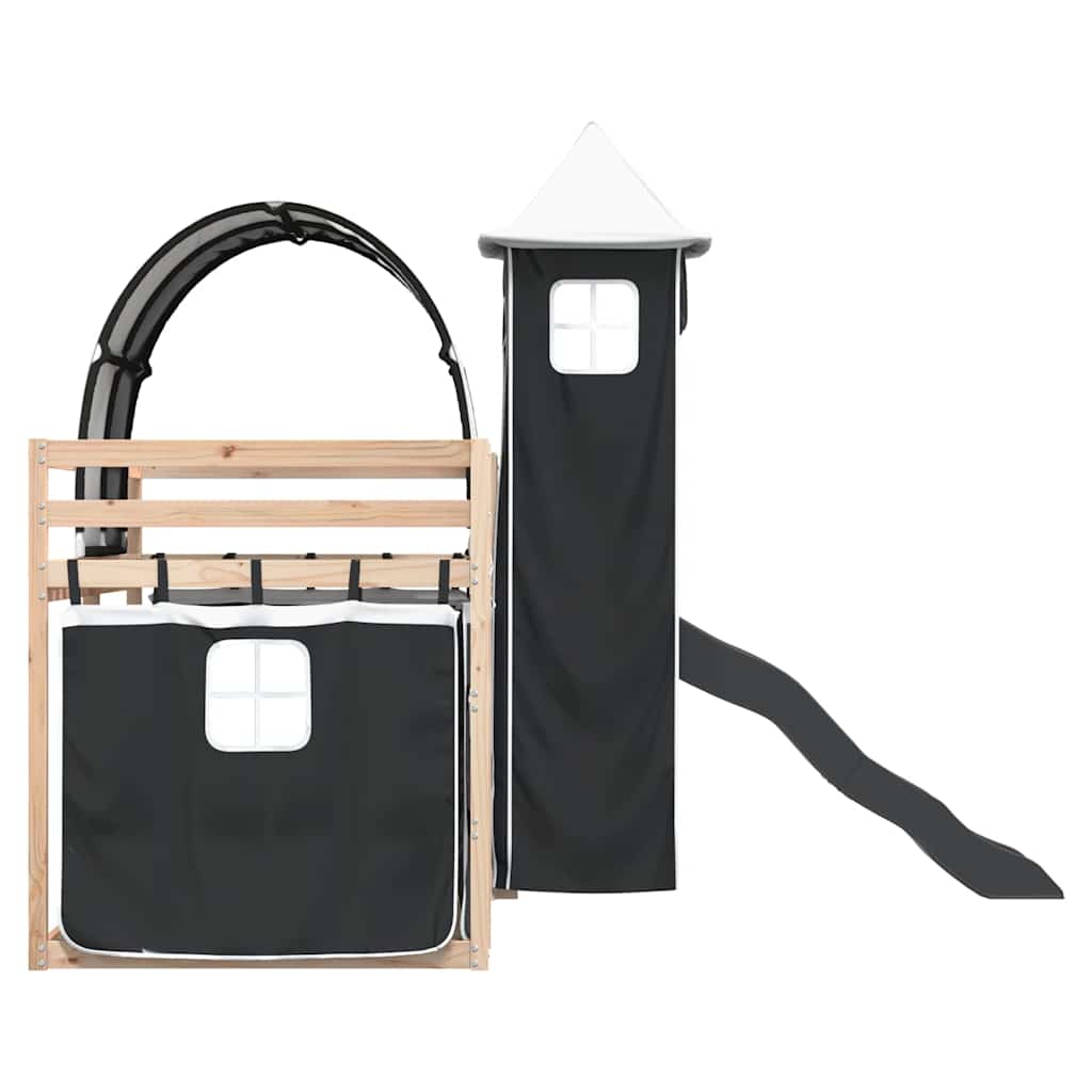 Dviaukštė lova su užuolaidomis, balta/juoda, 90x200cm, pušis