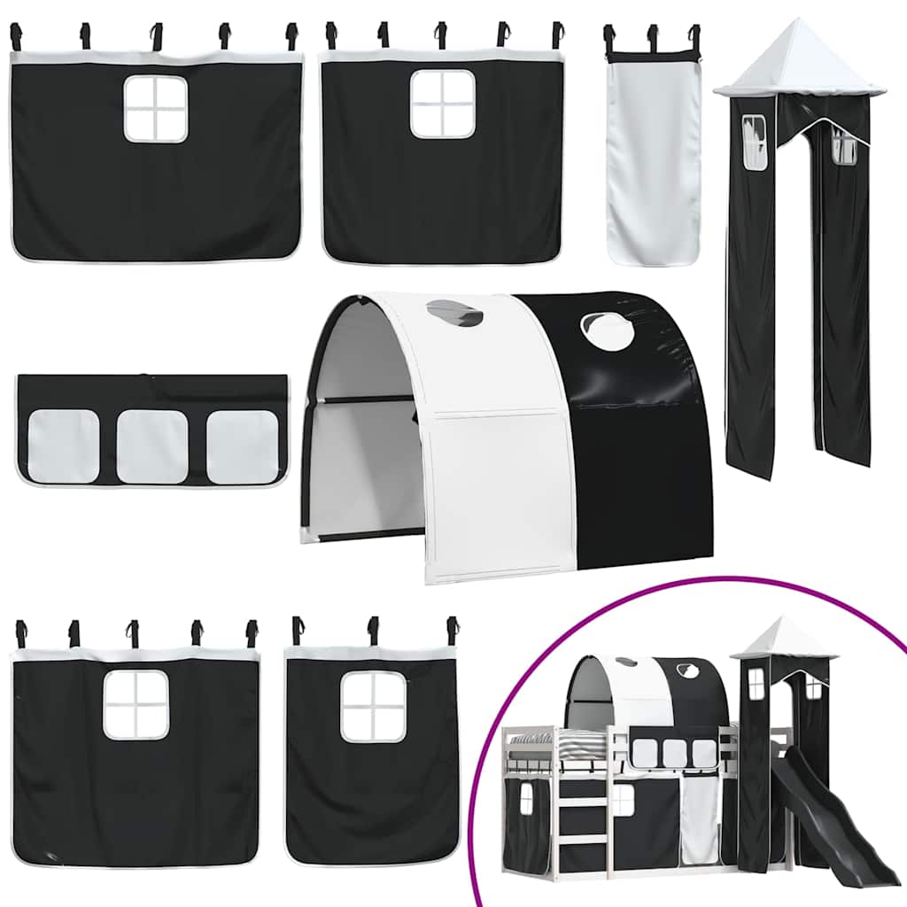 Dviaukštė lova su užuolaidomis, balta/juoda, 90x200cm, pušis