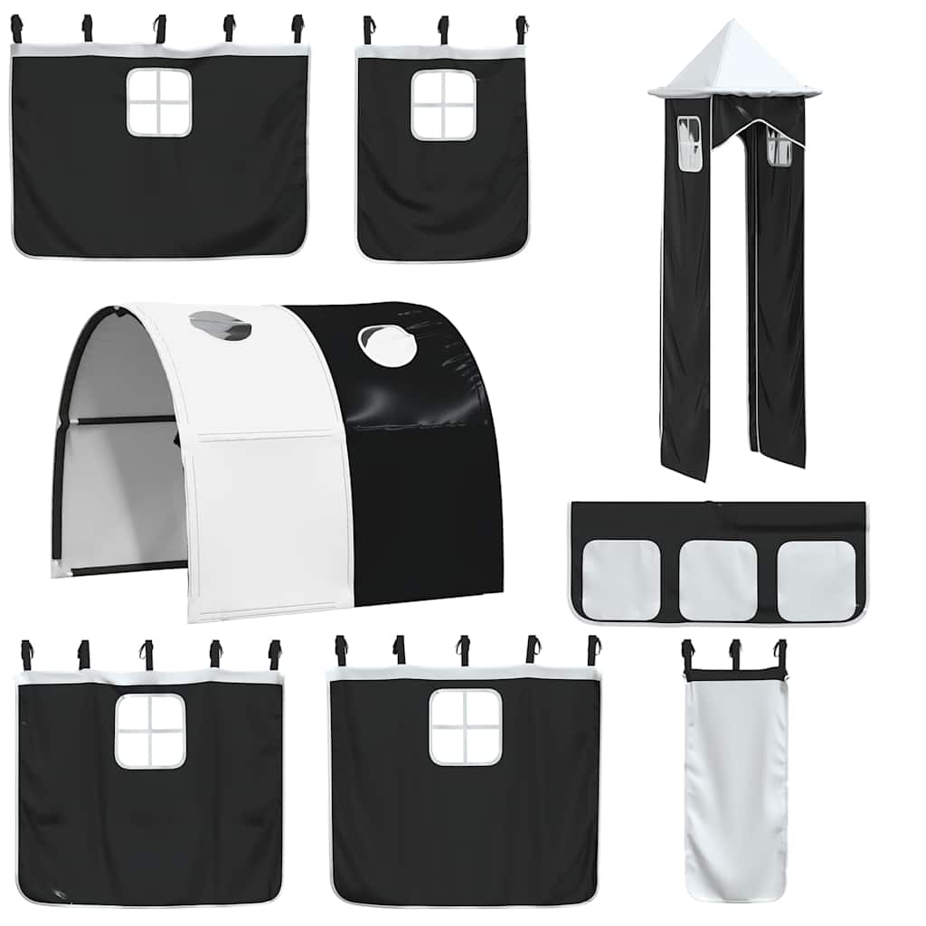 Dviaukštė lova su užuolaidomis, balta/juoda, 90x200cm, pušis