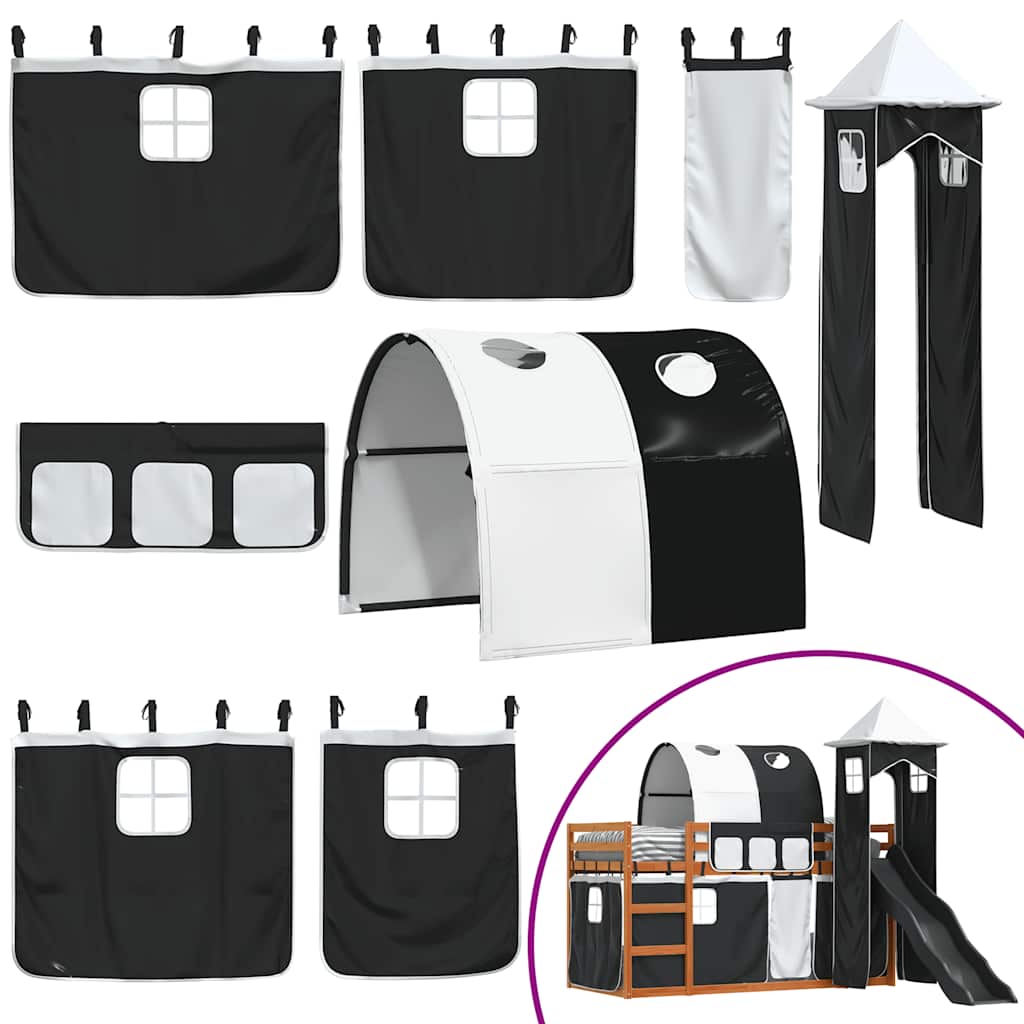 Dviaukštė lova su užuolaidomis, balta/juoda, 90x200cm, pušis