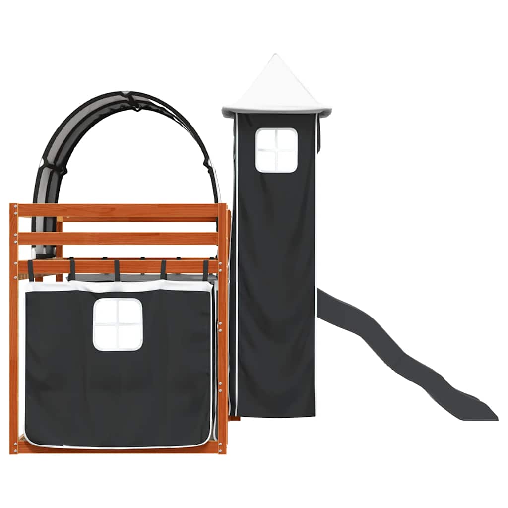 Dviaukštė lova su užuolaidomis, balta/juoda, 90x200cm, pušis