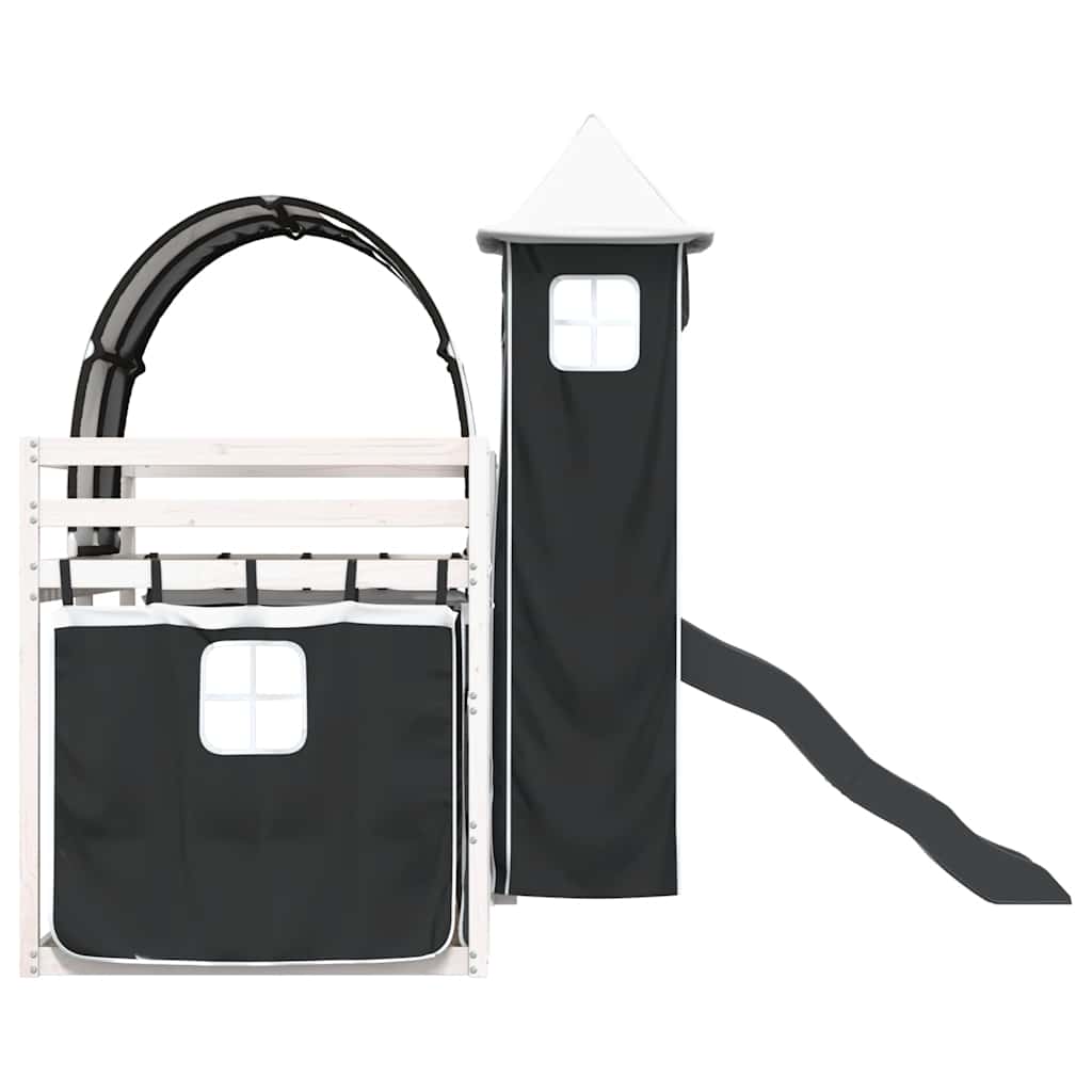 Dviaukštė lova su užuolaidomis, balta/juoda, 90x190cm, pušis