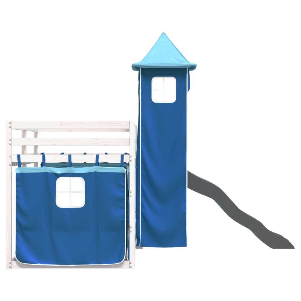 Dviaukštė lova su užuolaidomis ir čiuožykla, mėlyna, 90x200cm