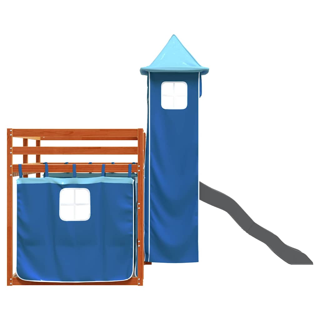 Dviaukštė lova su užuolaidomis ir čiuožykla, mėlyna, 90x200cm