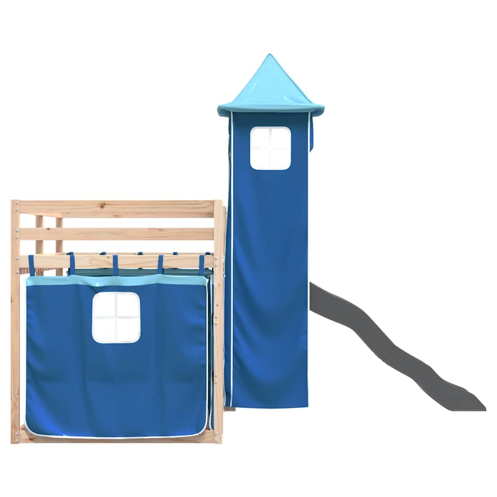 Dviaukštė lova su užuolaidomis ir čiuožykla, mėlyna, 90x190cm