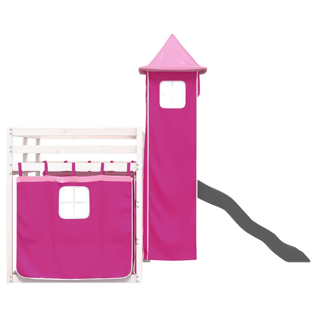 Dviaukštė lova su užuolaidomis ir čiuožykla, rožinė, 90x190cm